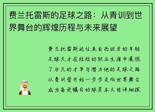 费兰托雷斯的足球之路：从青训到世界舞台的辉煌历程与未来展望
